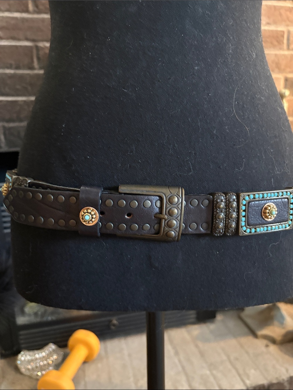 Women's Brown Leather Studded Belt with Turquoise Accents